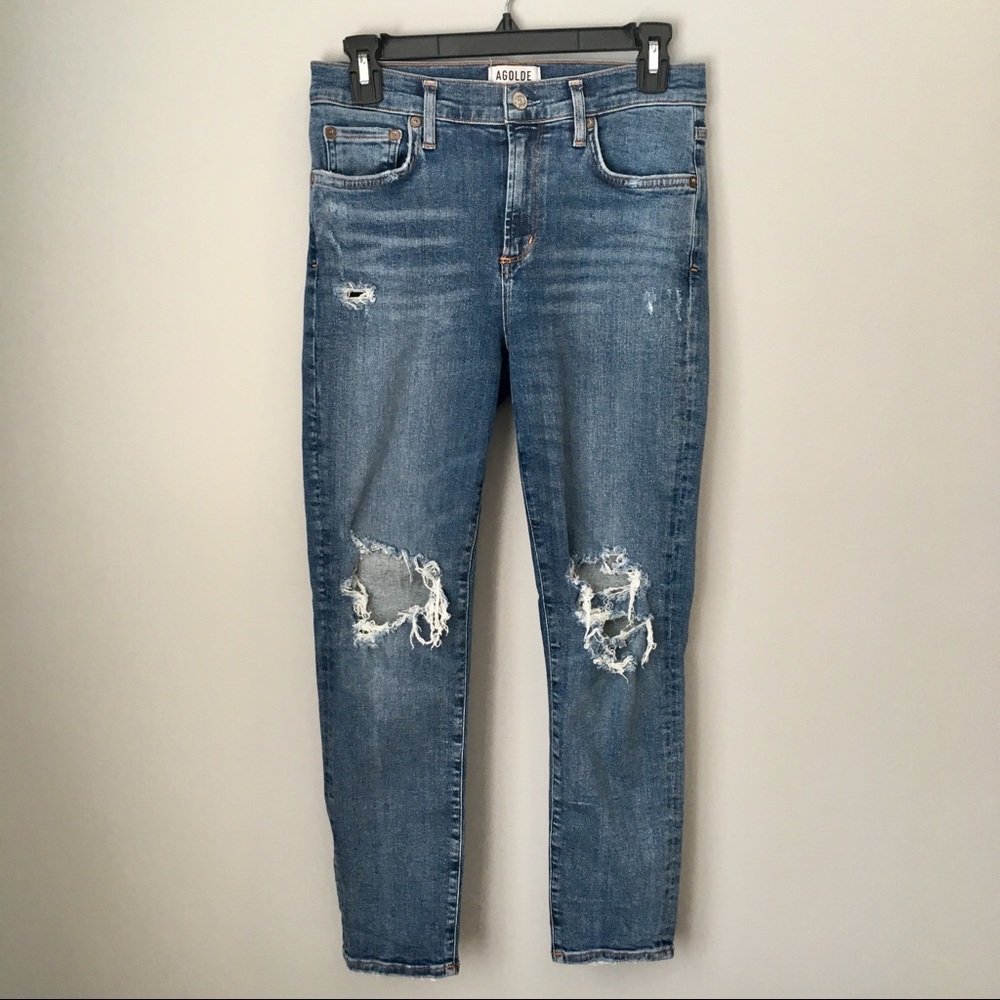 Agolde 28 medium wash distressed knee skinny jeans